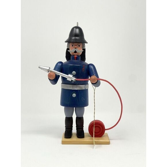 Vintage ERZGEBIRGE Kunsthandwerk German Wood Incense Smoker Fire Fighter Man 9” - Picture 1 of 9